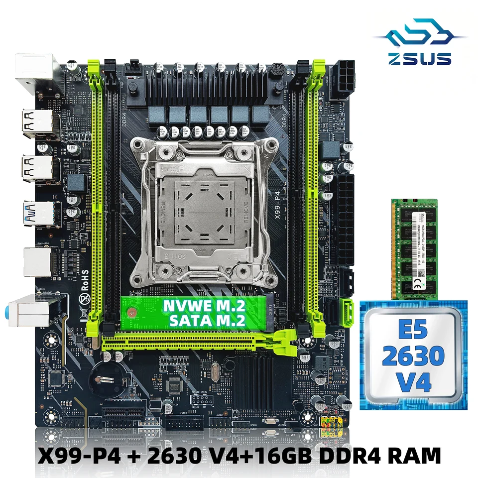 ZSUS X99 P4 Sada základných dosiek s Intel LGA2011-3 XEON E5 2630 V4 CPU DDR4 16 GB (1*16 GB) 2133MHz RAM MAMENE NVME M.2 SATA