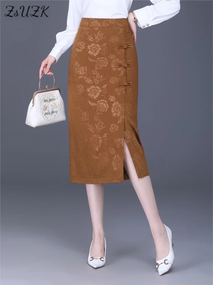 Zuzk Vysoko kvalitný vinobranie Jacquard Bodycon sukňa High Pase Slim Spring Leto Ženy Čínsky štýl Elegantné gombíky ceruzky ceruzky