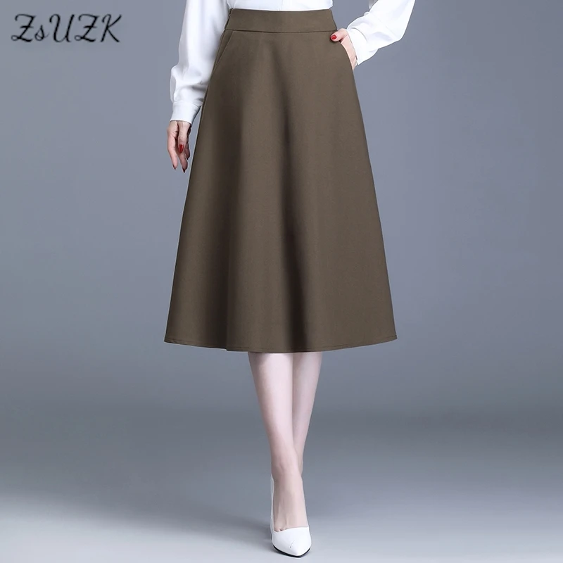 Zuzk Women Slid A-Line Suck Sukňa Spring Jeseň Elastický pás stredná dĺžka vreckovej kancelárii Lady Lady Lady Suk sukňou