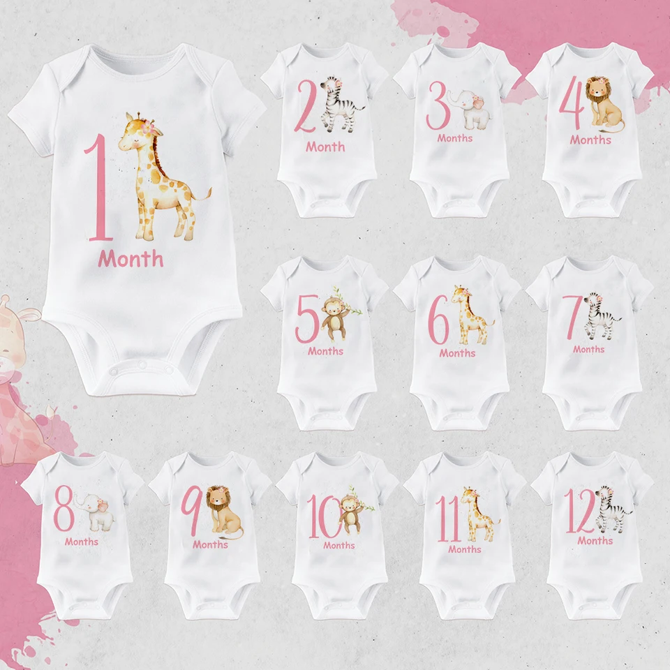 Zviera 1-12 Mesiac Print Baby Milestonet Outfit Novorodenec Mesačné míľniky Romper Babygrow Bodysuit Dojčenské dojčatá krátke rukávy