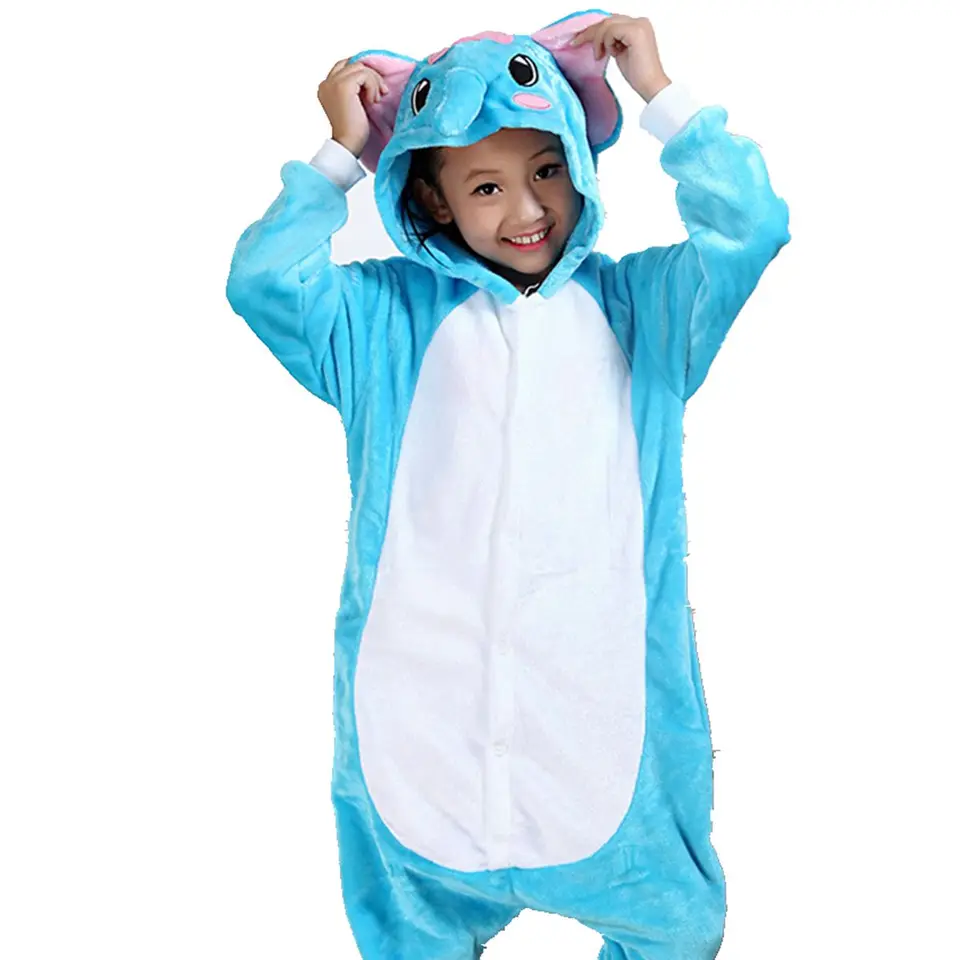 Zviera anime modré slon pyžama pre deti chlapec dievča dievčatá deti flanel kigurumi set zimná rodina Sleewear kostým