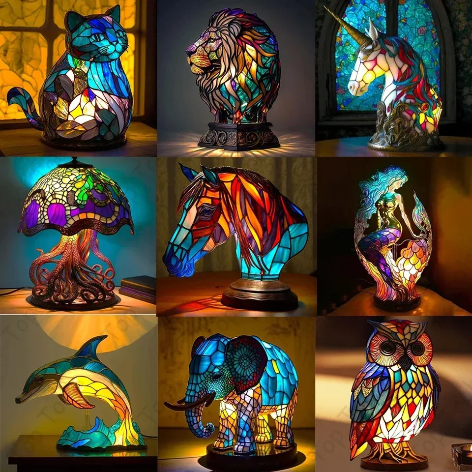 Zvieracia lampa séria živice z farebného skla Nedosné svetlo morská panna ovce sovy morské korytnačka lev lev mačka drak veľryba Dragon Domáca ozdoba