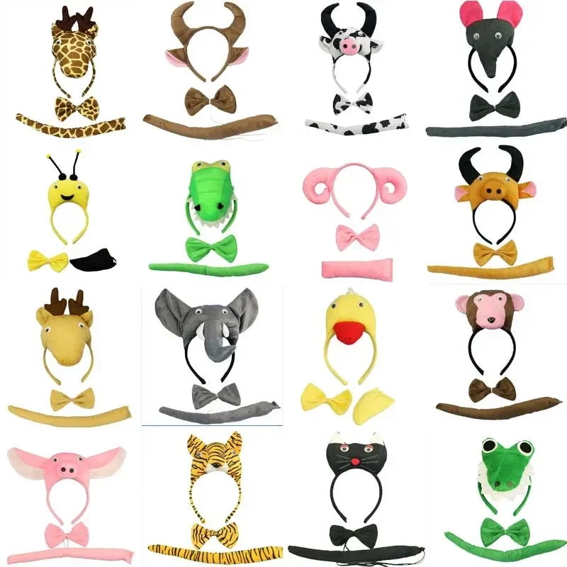 Zvierací uši čelenka Hairbands džungľa zoo dekorácie Party dekorácie Tiger lev kravy Hoop Hoop Ears Bow a Tails for Cosplay Party