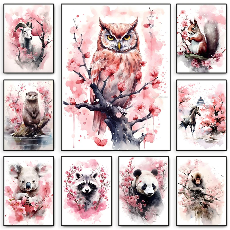 Zvierat Watercolor Pink Flower Plagát Owl Deer Horse Otter Tiger Koala Canvas maľba nástenné umenie pre obývaciu izbu Domovod