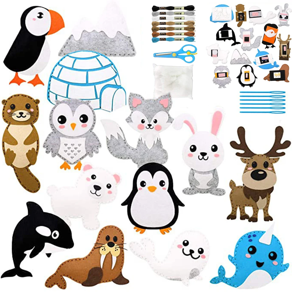Zvieratá šijacia súprava pre deti Safari Jungle/Polar Animals Craft Kit Spravodlivé zvieratá Felt plyšové ozdoby Šijatá remeselná súprava