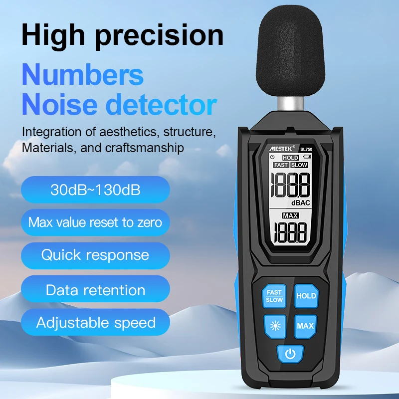 Zvukový meter 30 ~ 130 dB rýchly/pomalý vzorkovací rýchlosť decibelového meracieho merača zámku podsvietenia Maximálne vážené sonometer decibelimetro
