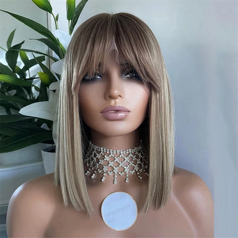 Zvýraznite Bob Wig Ombre Ash Blonde krátke rovný bob HD priehľadné čipky predné ľudské vlasové parochne s treskami ľudské vlasy Bob Parochňa