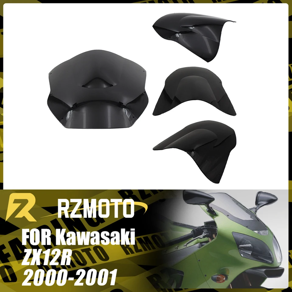 ZX12R Motocyklové príslušenstvo čelné sklo pre Kawasaki Ninja ZX-12R 2000-2001 Predný dvojitý bublinový deflektor vetra Černé sklo Černo