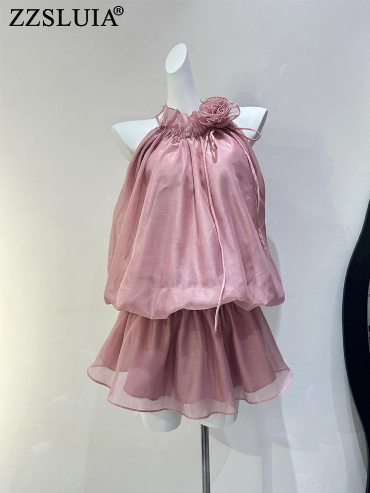 Zzsluia Mini Color Mini šaty pre ženy 3D kvetinové aplikácie dizajnérske šnurovacie šaty módne šupky hem šaty ženské oblečenie