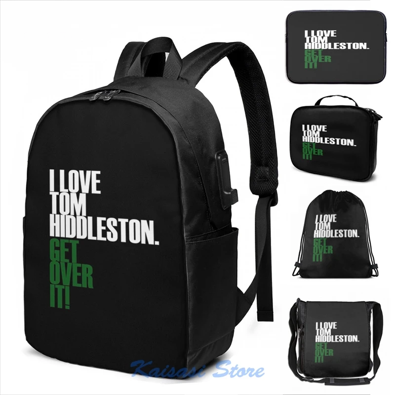 Zábavná grafická tlač, milujem Tom Hiddleston, prekonaj to! USB nabíjanie batohov Men School Bags Dámske tašky cestovné vrecko na notebook