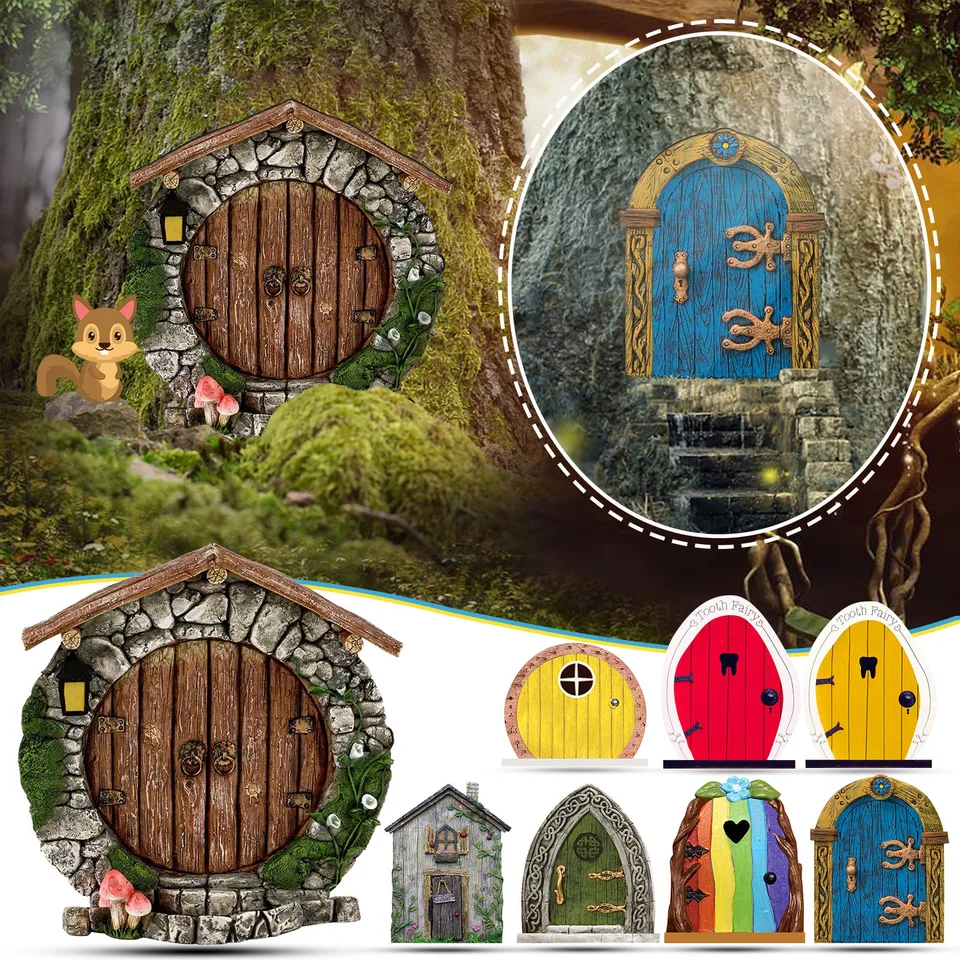 Záhradné ozdoby Fairys Dwarf Tree Door okno socha rozprávky dekorácie kreatívne pastoračné drevené roztomilé mini dome dvere