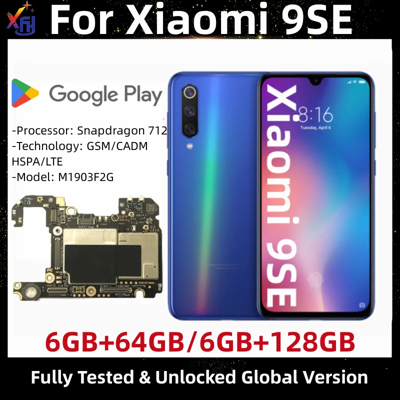 Základná doska pre Xiaomi mi 9se, odomknutá hlavná doska, s nainštalovaným Google PlayStore, 64 GB, 128 GB ROM