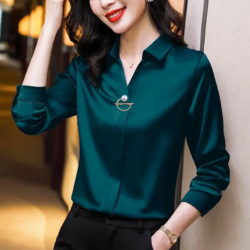 Základná kancelárska dáma Solid Color Shirt Female Clothing Elegantné módne V-krk 2023 Spring Autumn Commuter Kórejský blúzka s dlhým rukávom