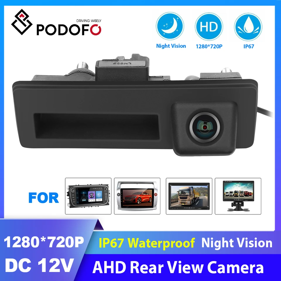 Zálohovacia kamera podofo Car Ahd Ahd Waterproof Car Runk Parkovanie pre Audi/VW/Passat/Tiguan/Golf/Touran