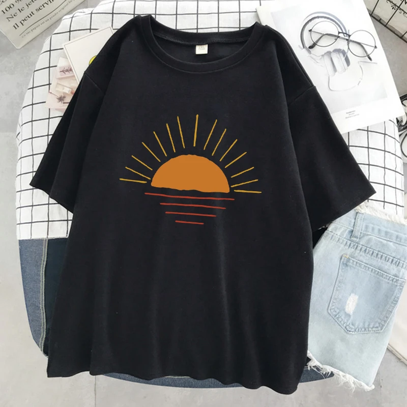 Západ slnka na pobreží tlačeného dámske tričká Street Cotton Kawaii s krátkym rukávom Módne nadmerné vrcholy voľných športových tričiek