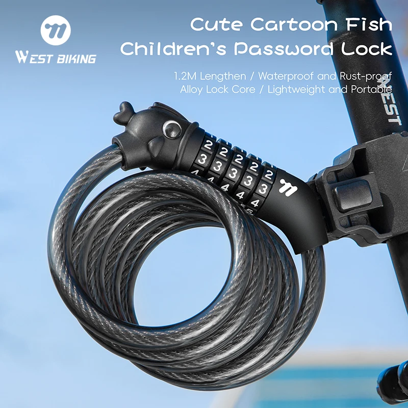 Západná cyklistika 1,2 m detské heslo Bicycle Lock Cuil Cartoon Fish Anti krádež vodotesný Rustproof Atter