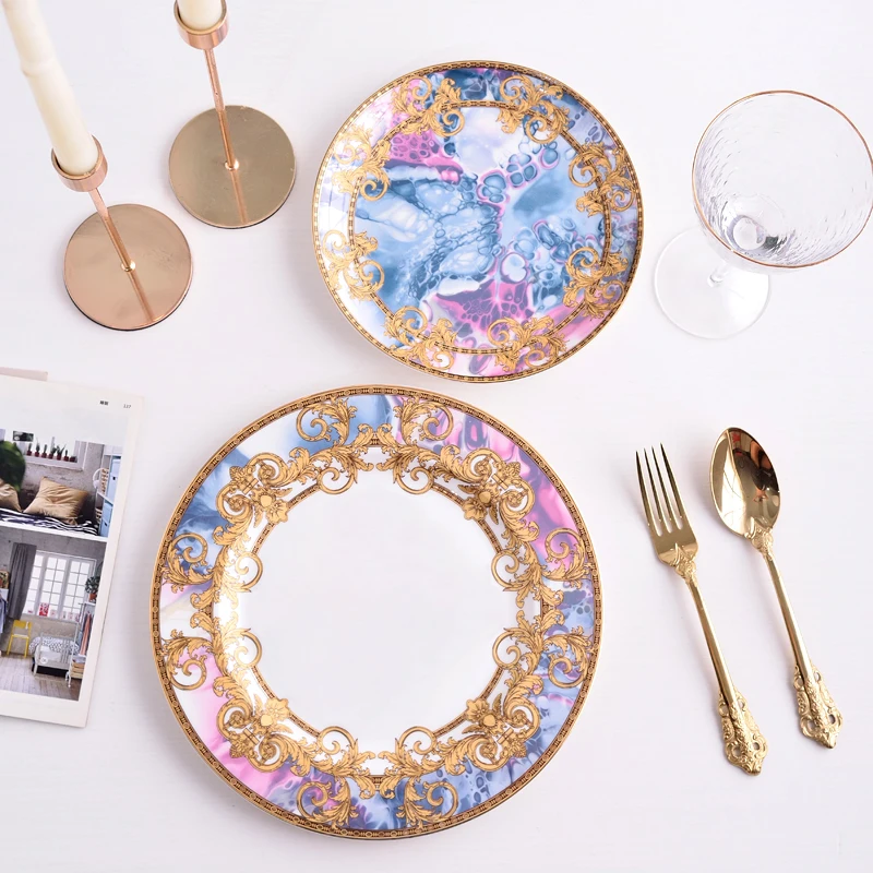 Západná tanier s 10 palcami a 8 palcovými steakovými plochými podnosmi Číny Čína Sada kávy Set Golden Edge Luxusný riad