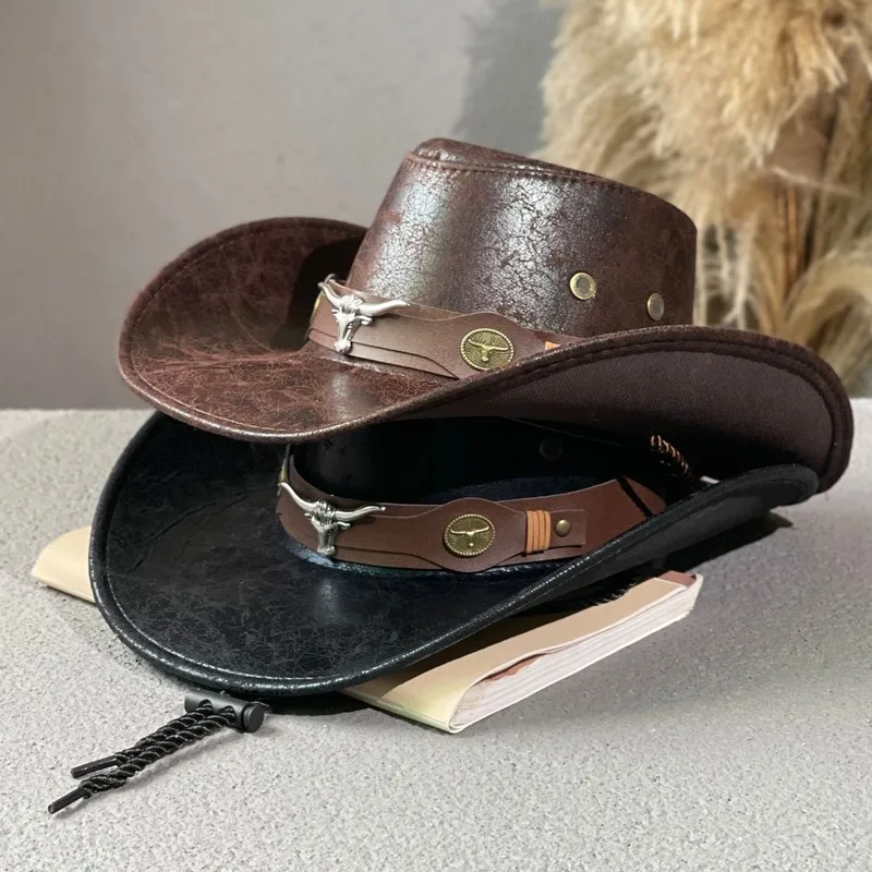 Západný kovbojský klobúk Ox Head Belt Nivet Fedora Hat pre mužov Ženy Vonkajšie cestovanie široký slnečný klobúk faux kožená kožená panama cowgirl klobúk