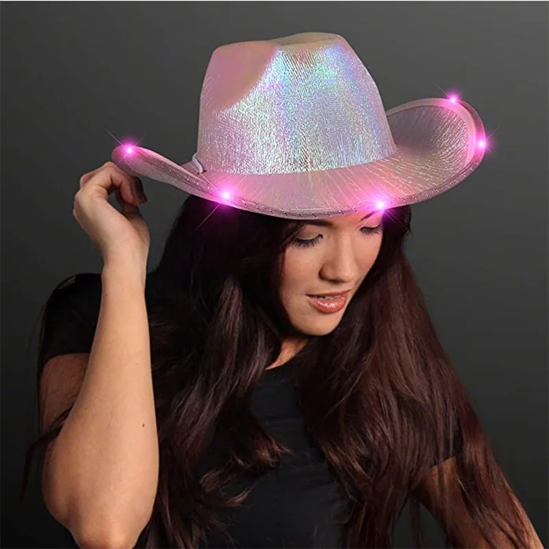 Západný štýl Cowgirl Hat Retro Style Flitre LED LED svetlo Brim Jazz TOP HAP NIGHTLE NIGHTLE NIGHT CELL COWBOLY CAP pre mužov Ženy