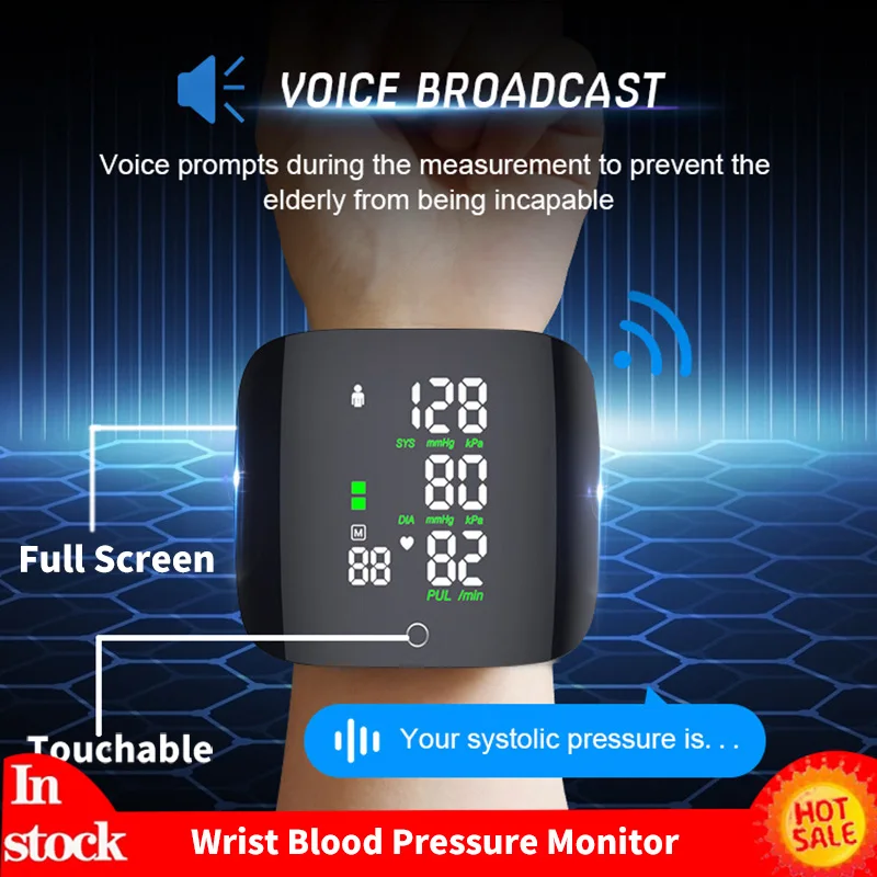Zápästie Krvný tlak monitor digitálne hlasové nabíjateľné automatické tonometer srdcový rytmus sphygmomanometer Smart Touch LCD obrazovka