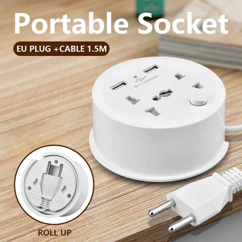 Zásuvka cestovného adaptéra, zástrčka EÚ, multifunkčná 10A zásuvka s prenosným výstupom USB s káblom 1,5 m