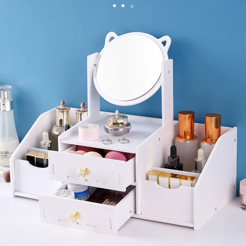 Zásuvka na make -up Storage Box Dormitory Dokončenie plastovej poličky Kozmetika pre starostlivosť o pleť pre stolovanie stolíka Obsahuje zrkadlo