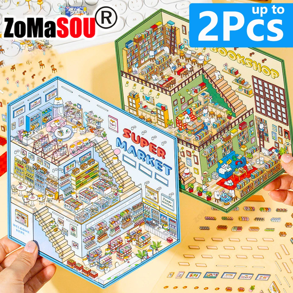 Záujem super veľká veľkosť trojvrstvová DIY 3D krajinná nálepka Miniatúrna scéna Cabin Sticker Child Festival Birthday Darček na štúdium