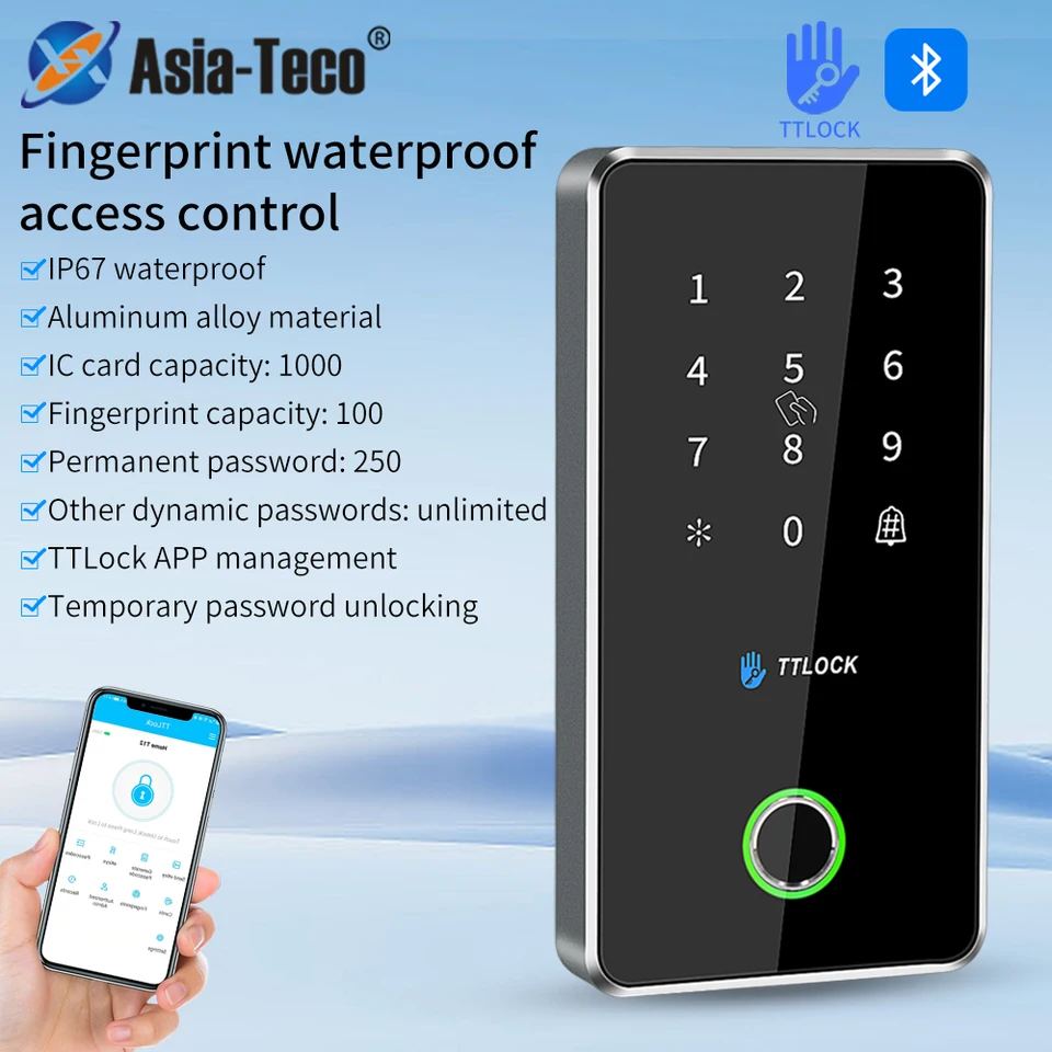 Ázia-teco Outdoor NFC RFID Keypad TTLOCK APP APP FINGRINT Bluetooth Gateway 13.56MHz Card Control System MJ02 MJ02 Kovová zliatina