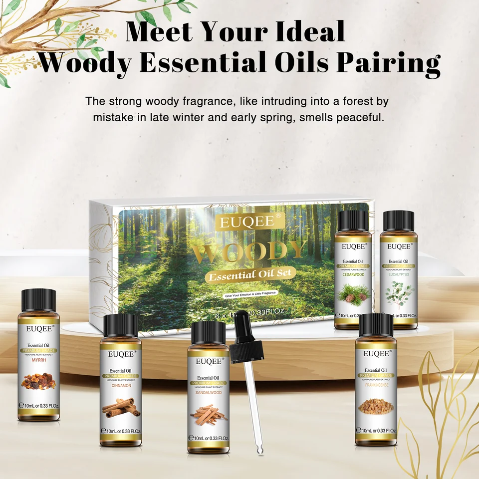 Éterické oleje Euqee Woody Stanovené pre aromaterapiu difúzor-10ML eukalyptus, Cedarwood, santalové drevo, kadidlo, škorica, myrh