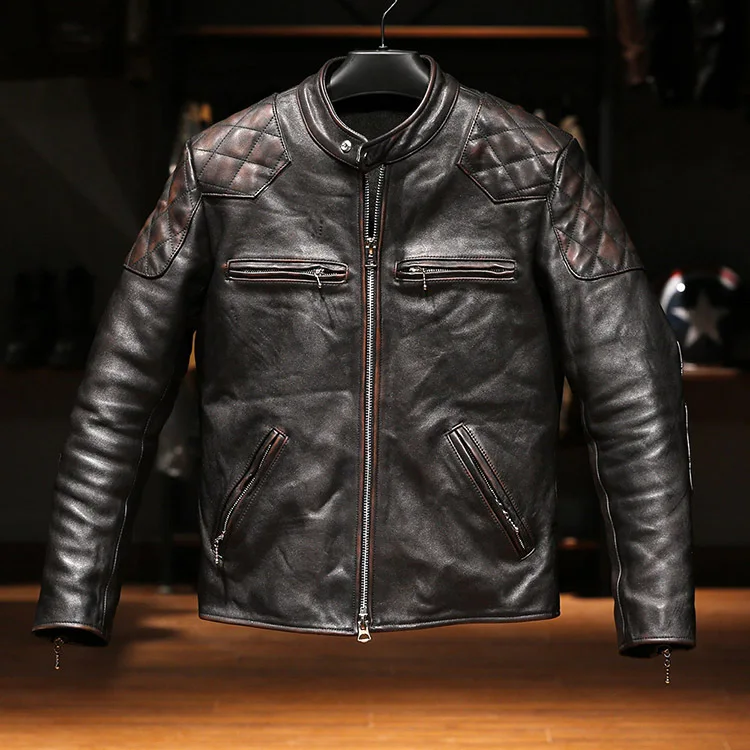 Úplne new.cc Heavy Vintage Tea Cowhide Jacket.Classic Motor Rider Retro originálny kožený kabát.Cool Slim Armor Leather
