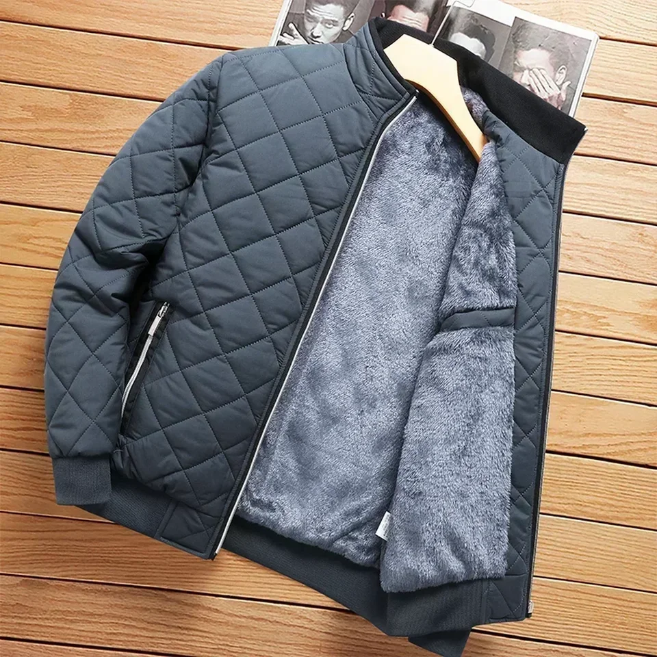 Úplne nový Slim Fit Autumn Winter Bomber Bunda Men Business Coat Diamond Pattern Fleece lemované neformálne bunda Men módne oblečenie