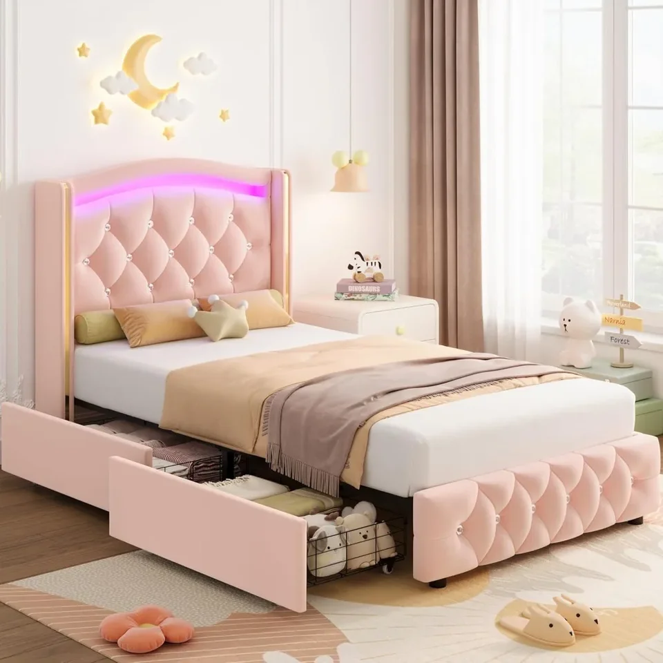 Čalúnené LED snímka postele W/Crystal Button-Tufted Headboard a 4 Skladové zásuvky, zamatová princezná dvojčatá plošinová plošina Rámy postele