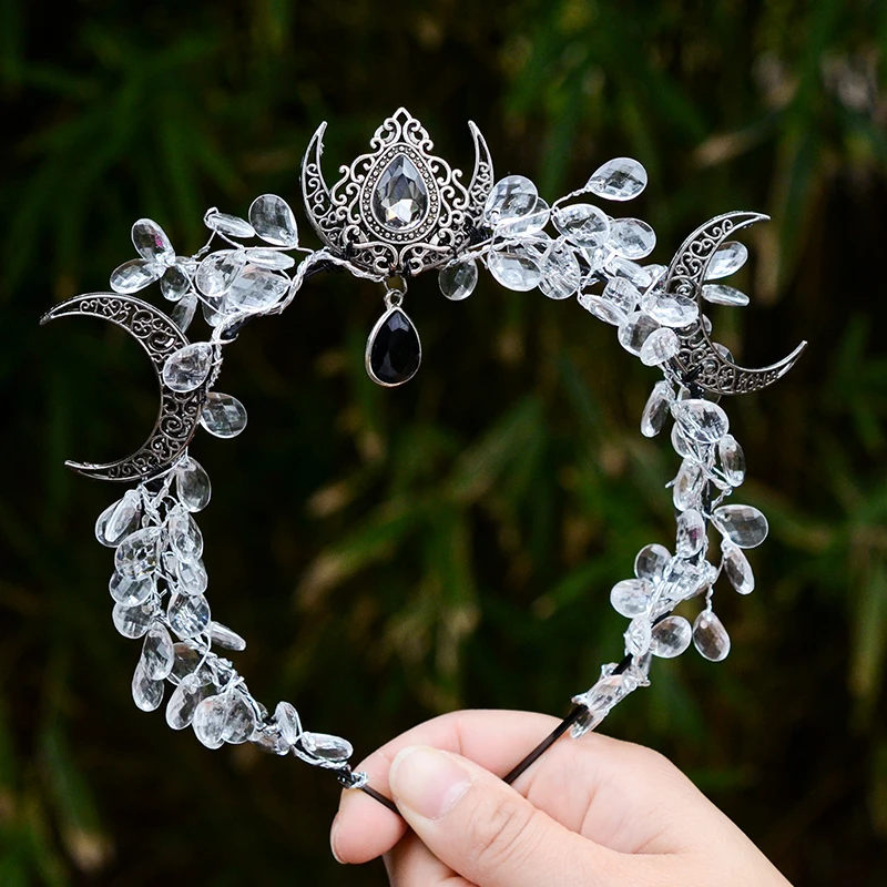 Čarodejnica čierna polmesiaca Mesiac Hairband Pagan Crystal Moon Haircrown Pagan Hair Jewelry pre ženy