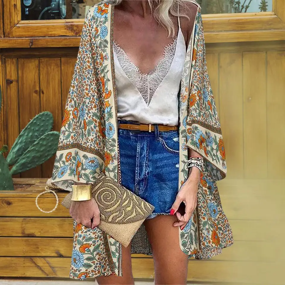 Čechá ochrana pred slnkom dlhá blúzka Ženy Women Wardigan Floral Print Batwing Ruckve Summer Mardigan pre každodenné opotrebenie