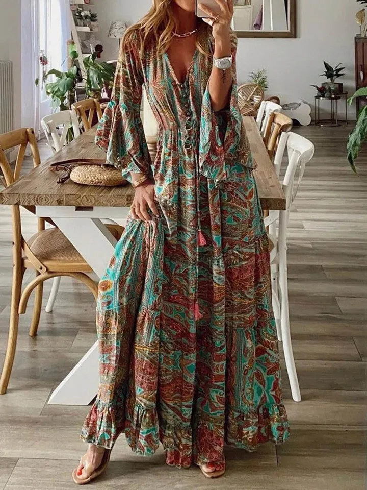 Čechá pláž maxi šaty Ženy jar leto vintage kvetinové tlač pre ženy pre ženy dovolenka boho elegantné dámy Vestidos