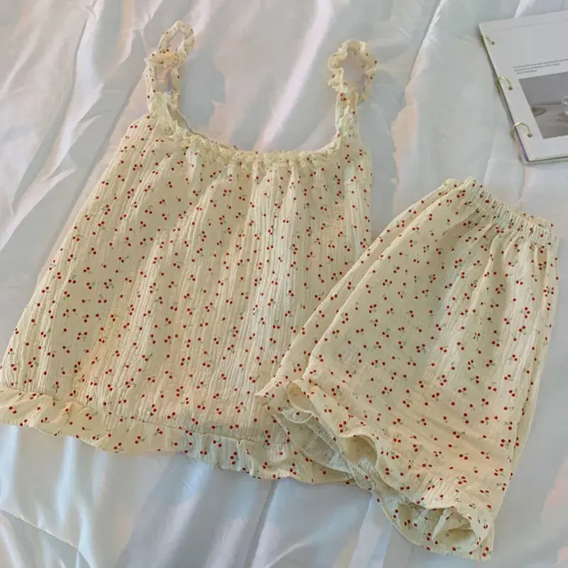 Čerešňové tlačové oblečenie Ženy pyžamové kraťasy súpravy kórejské pijama sladké salópanie cami spodná bielizeň
