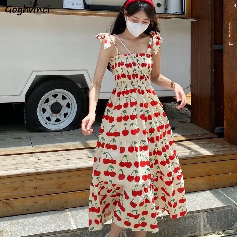 Čerešňové šaty Ženy Summer midi bez rukávov sladké dievčatá Sladké dievčatá Horúce Študenti Študenti Chic Vestidos estetickí novo populárne ulzzang
