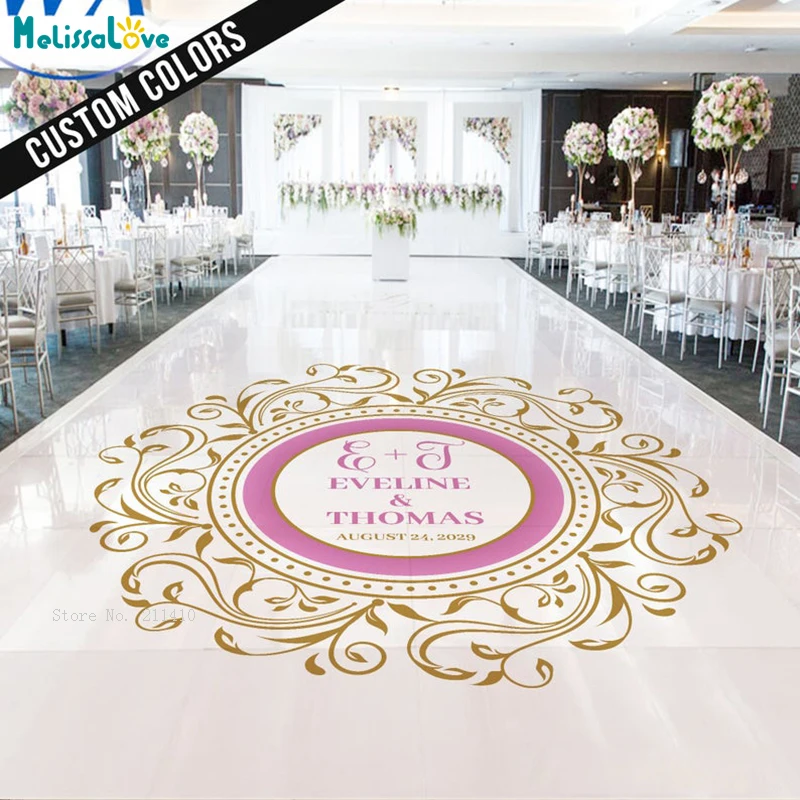 Červenanie a zlato svadobná tanečná podlahová nálepka Monogram Dance vinylové obtisky Peel and Stick Murals Odnímateľný YT6356