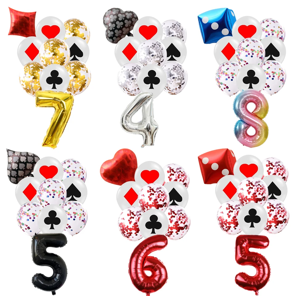 Červená modrá 3D kocka kasíno poker rýb srdce narodeninové oslavy dekorácia číslo kovový latex balón pre bábätko