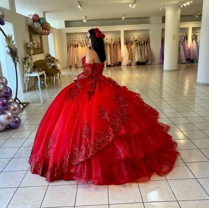 Červená princezná quinceanera šaty loptové šaty zlatíčko tylové aplikácie sladké 16 šaty 15 años mexický prispôsobený