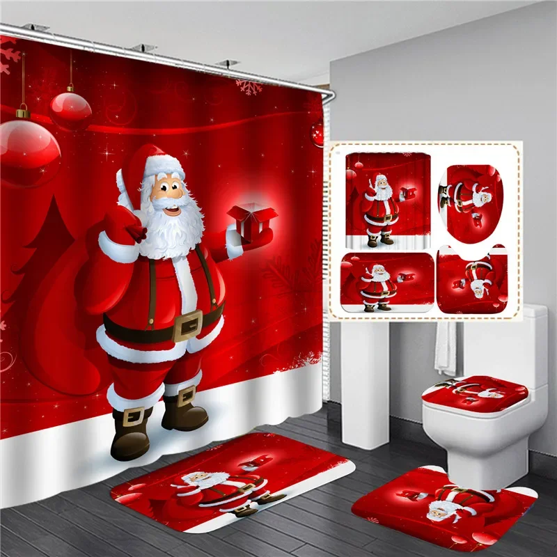 Červená Santa Claus tlačená vianočná sprchovacia opona súprava s kúpeľňou, kobercová kúpeľňa s kobercami