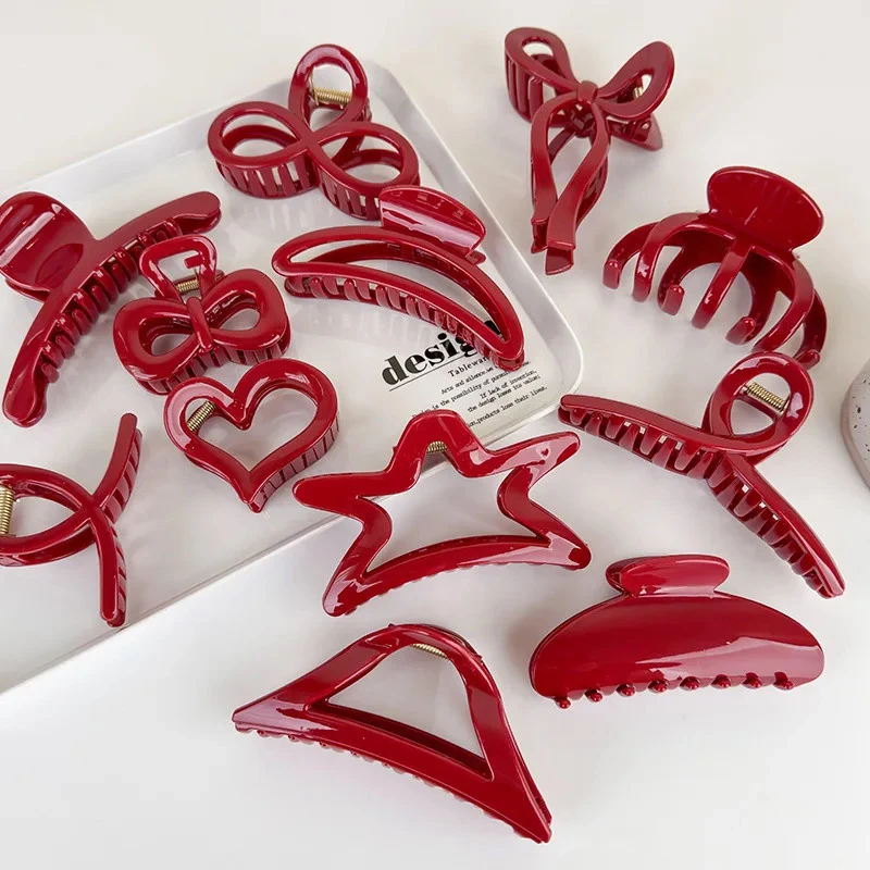 Červená séria Geometry Claw pazúry pre ženy Dievčatá Elegantné vlasové klipy Shark Klipy Krab Barrettes módne vlasové doplnky