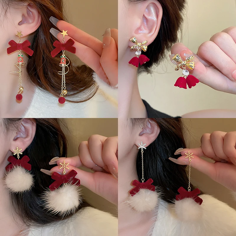 Červená séria Snowflake Bowknot Balls Bells Geometrické kamienky Fringe Dangle Dangle Cu alebo pre ženy Sladké módne šperky Veľkoobchod