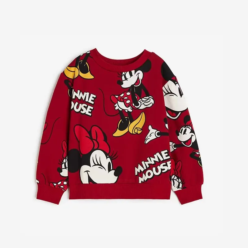 Červené mickey tlačené deti s dlhým rukávom Topy Loose Fashion Cartoon Crewneck Pullover Strover jesenné detské oblečenie mikiny