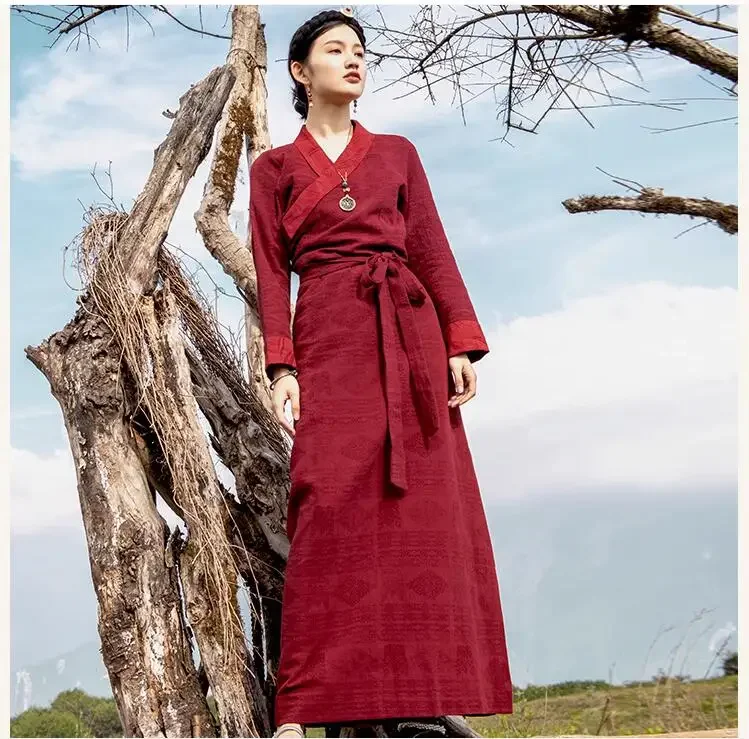 Červené retro xizang šaty ženské lhasa šaty tibetský tanec