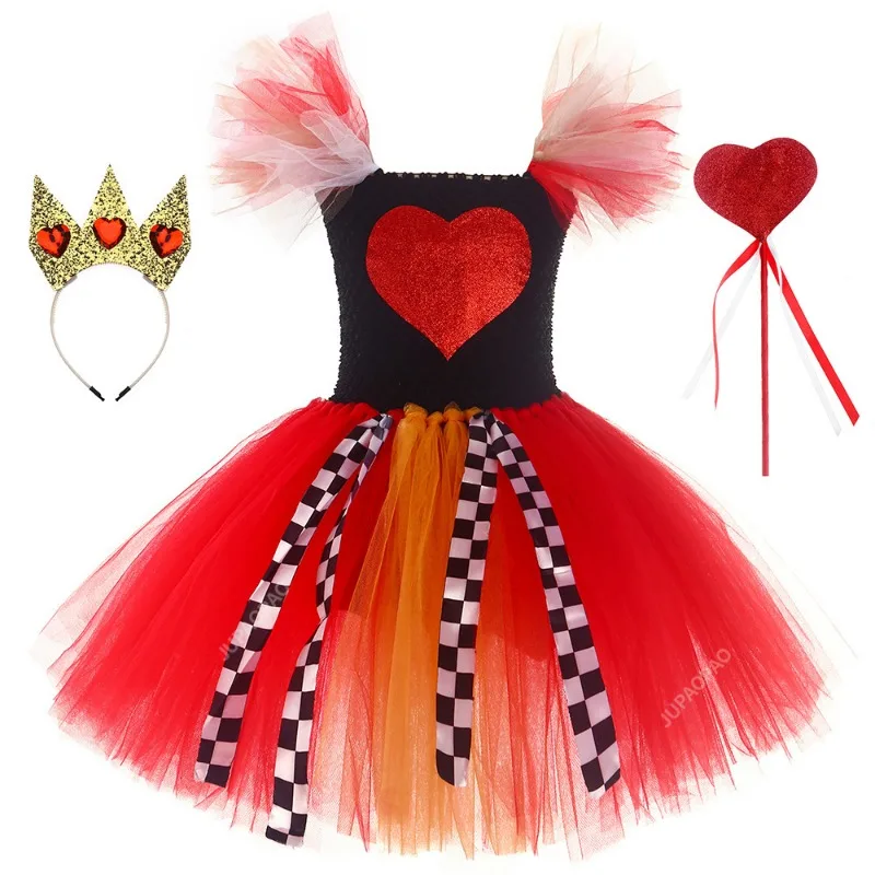 Červené srdce kráľovná šaty pre dievčatá Halloween Cosplay kostýmy pre deti dievča Alice princezná Tutus outfit s odevmi korunky na prútik
