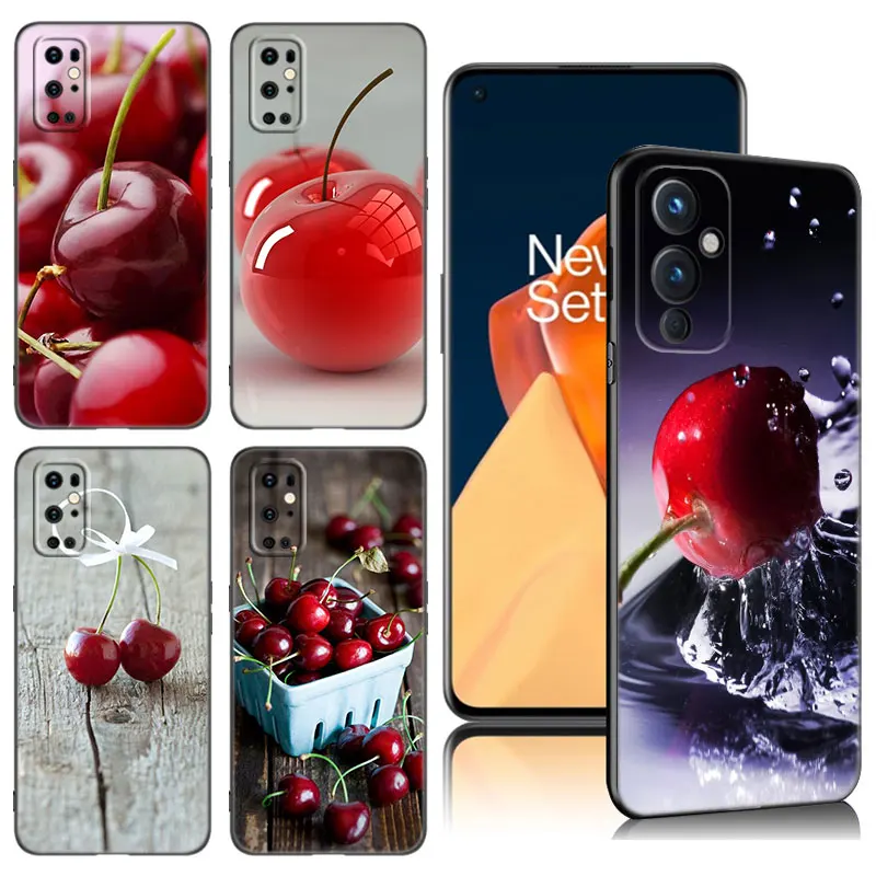 Červené čerešňové letné ovocie Čierny silikónový puzdro pre OnePlus 9 10 11 12 Ace 2V Pro 9rt 10t 10r Nord Ce 2 3 Lite N10 N20 N20 5G 5G