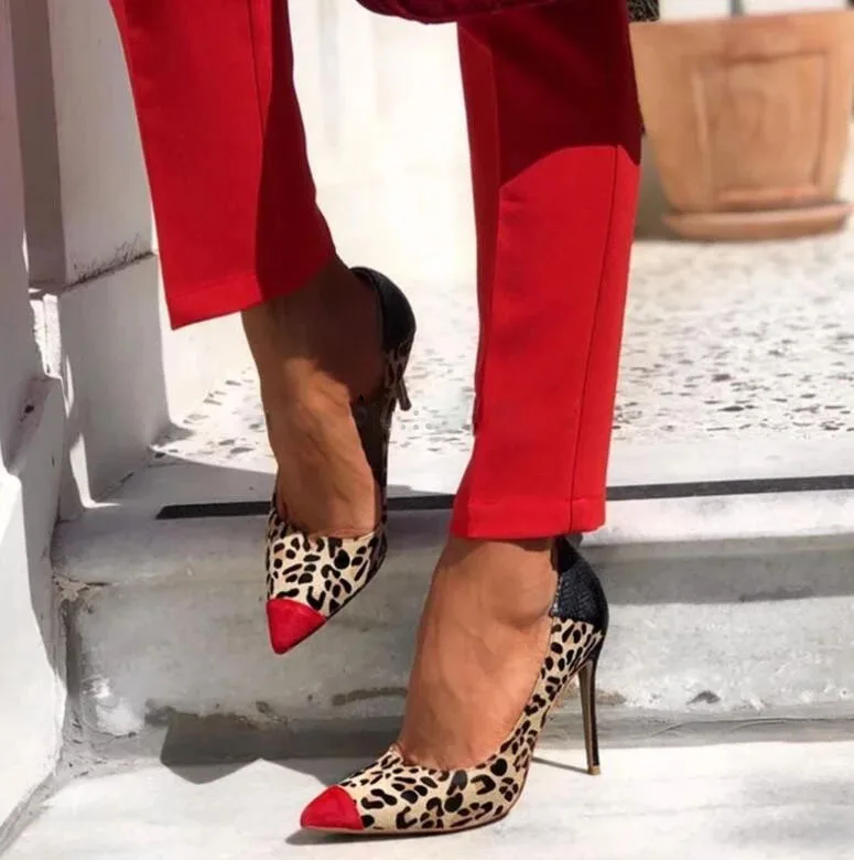 Červené špicaté prsty na prsty semišové kožené päty päty päty sklz-on patchwork leopard High podpätky čierne hadie formálne šaty topánky