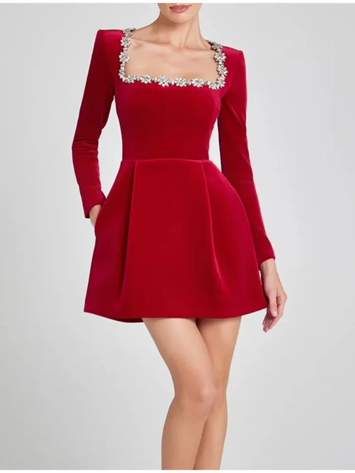 Červený zamatový štvorcový golier s dlhým rukávom Mini šaty elegantné vysoký pás A-line korálkové šaty Lady Vianočné večere Vestidos