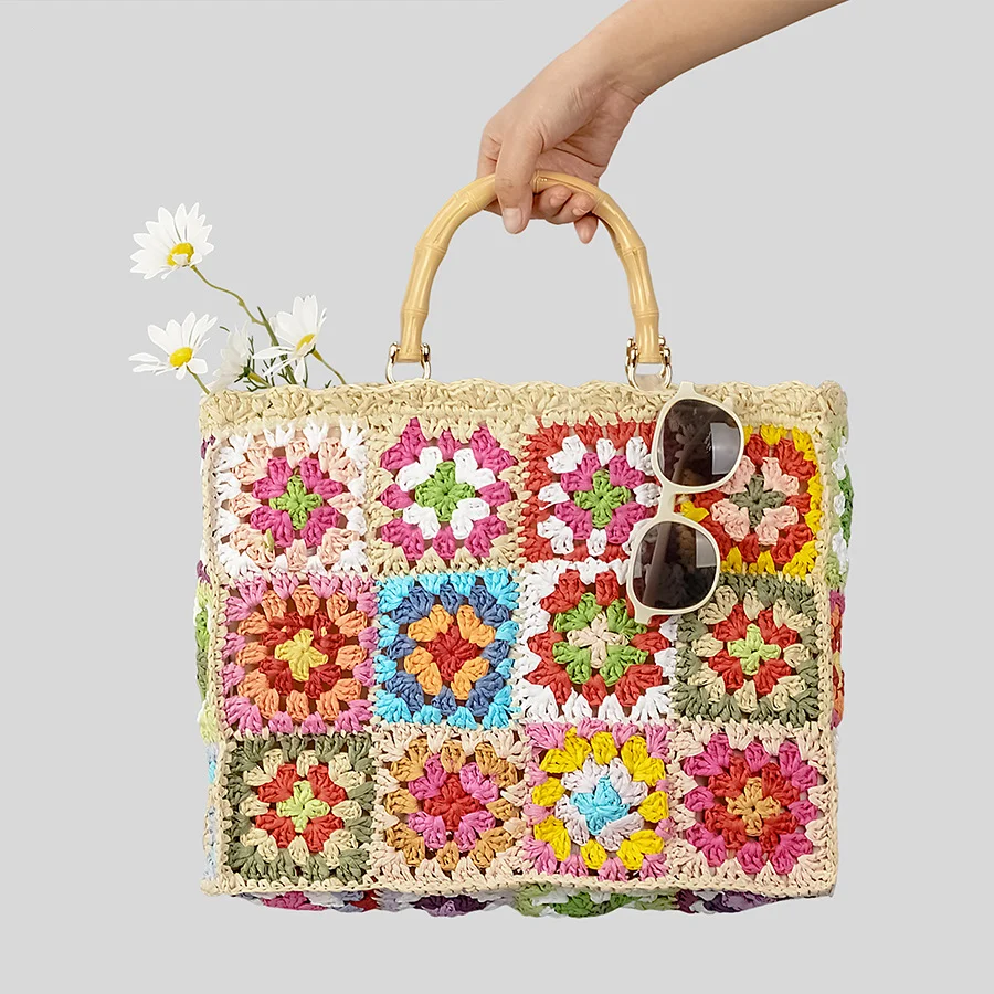 Česká Granny Square Staw Kabelky Príležitostné papierové tkané bambus rukoväť Ženy Ruky Ručne vyrobené ručné summe plážové tašky Veľká tote kabelka